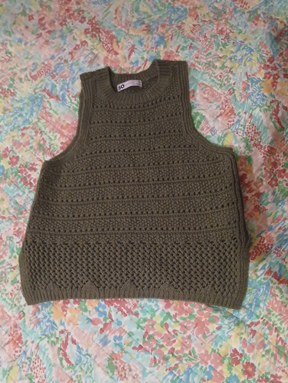 Olive Crochet Knit Sleeveless Sweater Vest